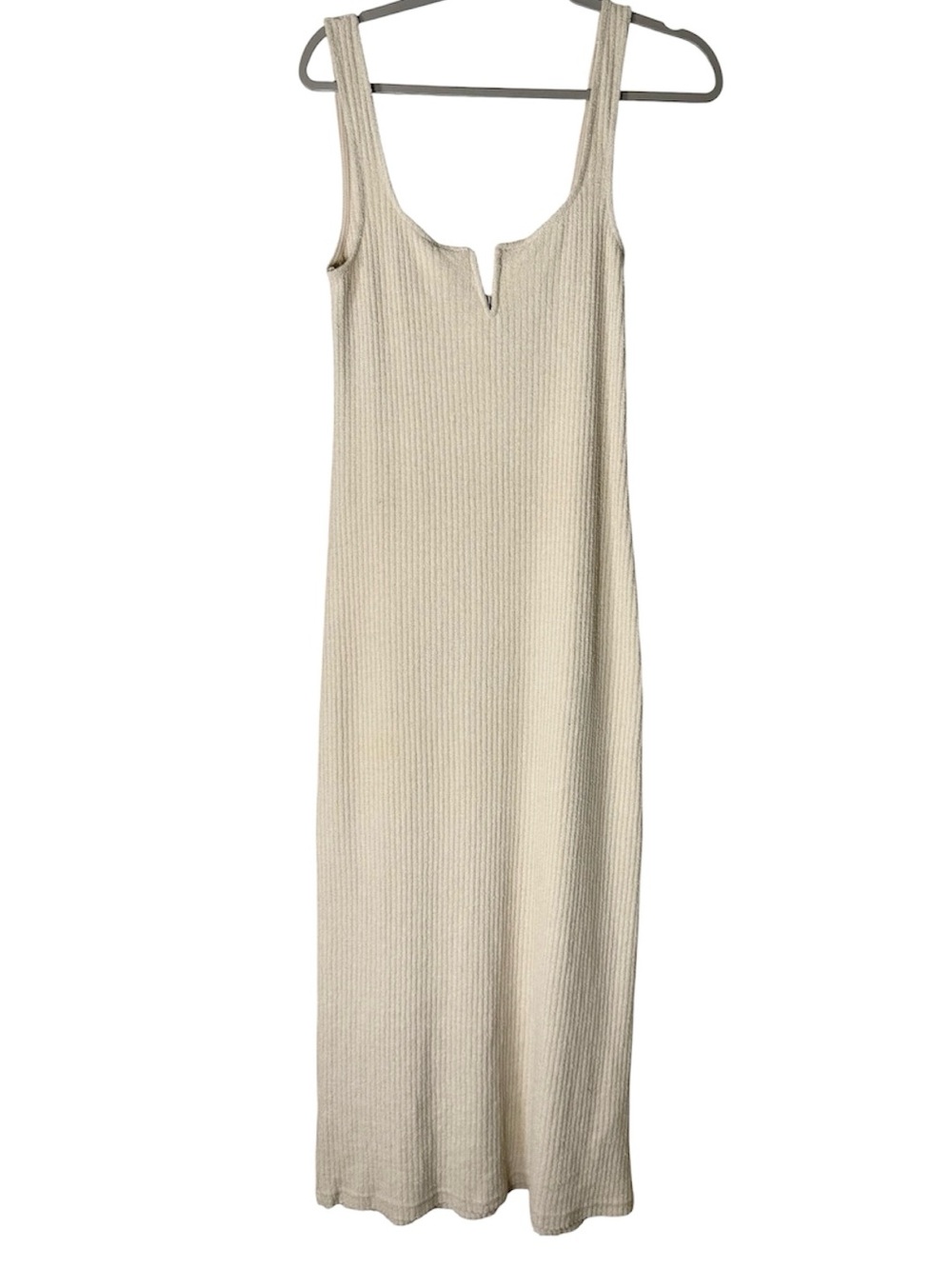 NWOT Zara Ribbed Rustic Terry Split Scoop Neck Beige Maxi Tank Dress Sz M